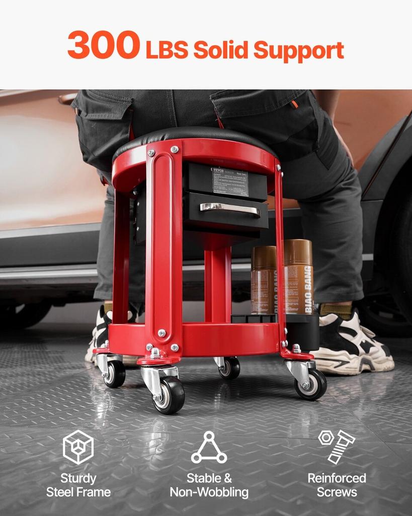 Rolling Mechanic Stool Garage Seat 300 lbs Load with Wheels & Storage