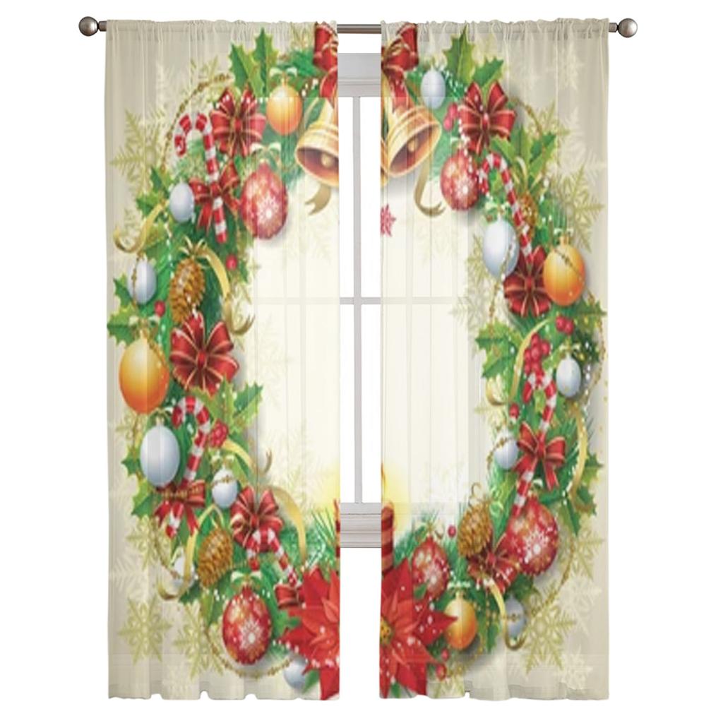 Christmas Wreath Sheer Curtains For Living Room Bedroom Balcony Transparent Window Blinds Kitchen Drapes