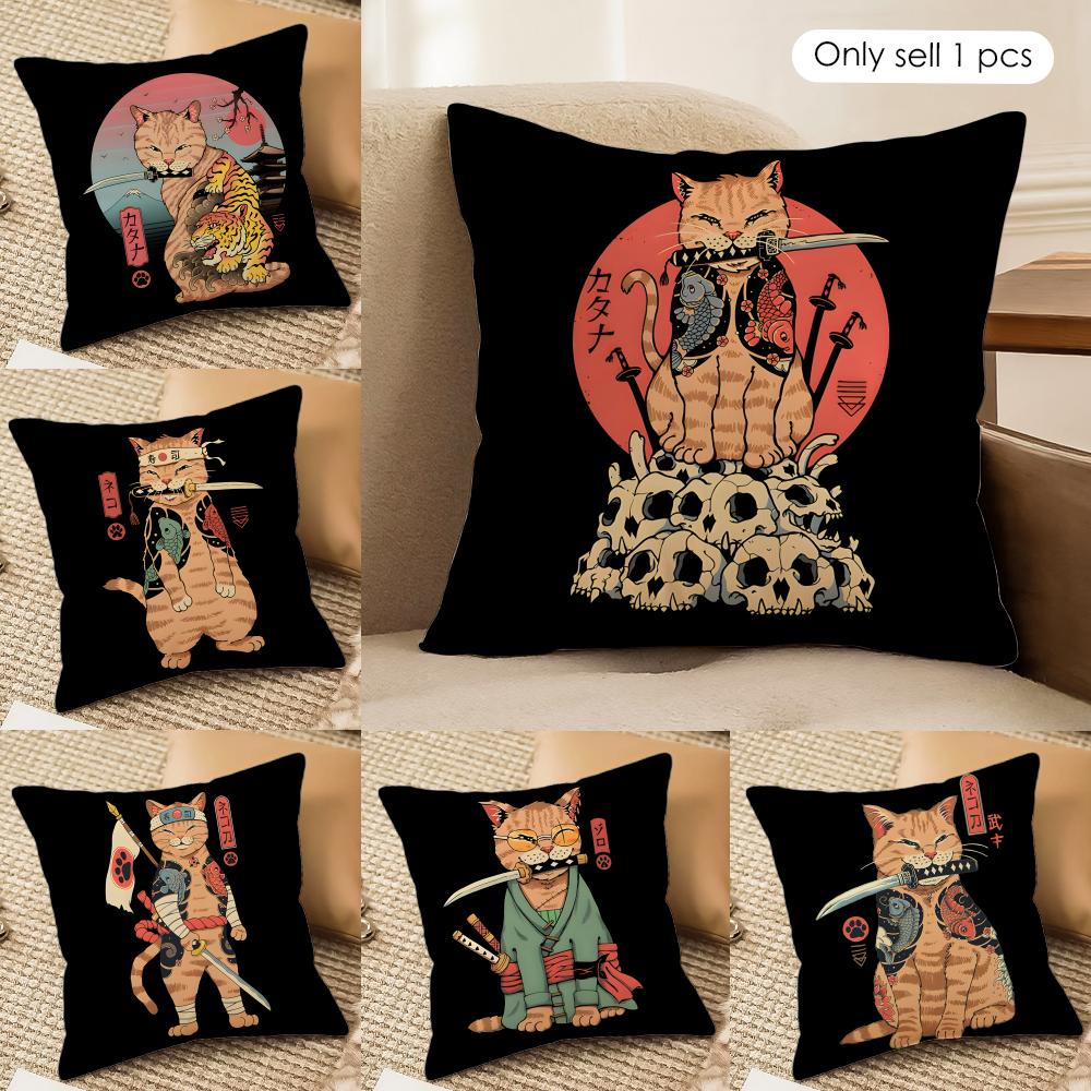 Japanese Style Samurai Cat Cushion Cover Silky Short Plush Invisible Zipper Dustproof Sofa Pillow Case for Home Decor