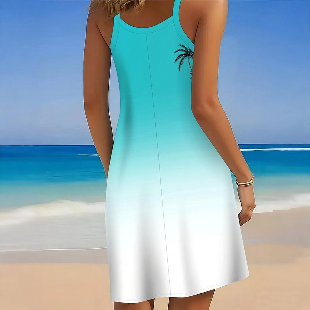 Women Plus Size Scoop Neck Thin Straps Sleeveless Printed Blue Pink Yellow Loose Curved Hem Beach Dress