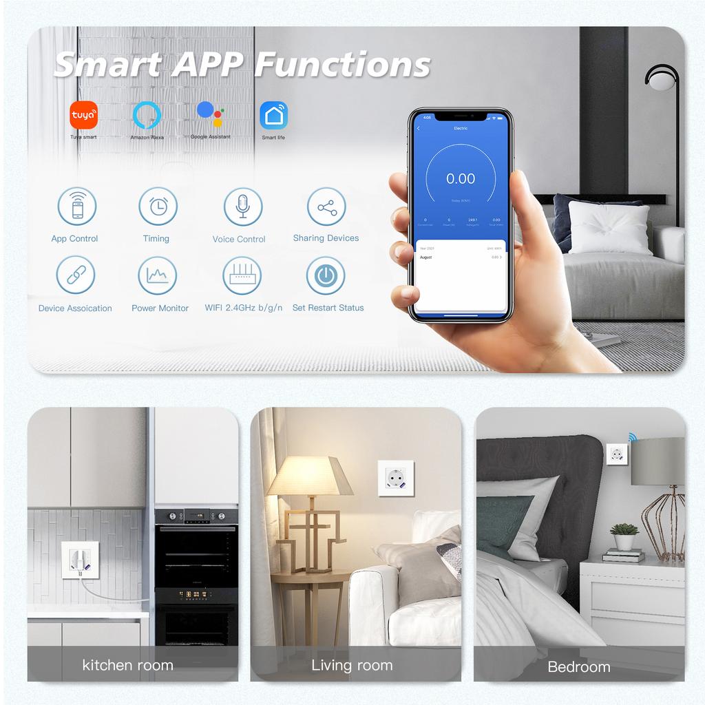 BSEED Wifi EU Socket With Normal Type-c USB Fast Charging Ports Smart Sockets Support Tuya Smart Life Alexa App Plastic Frames