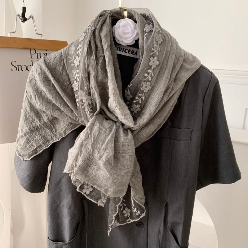 Cotton and Linen Scarf Atmosphere Lace Embroidered Scarf Silk Scarf Fashion Versatile Literary Scarf Small Shawl