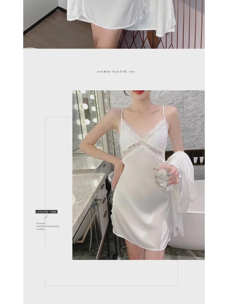Lace Hollow Temptation Ice Silk Suspender Nightdress & Robe Set with Chest Pad