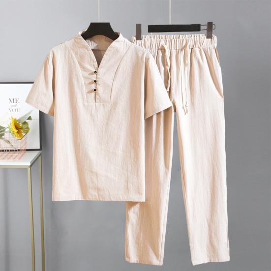 Футболка, брюки, костюм, модные карманы, пуговицы, мужской летний спортивный костюм, однотонный комплект из рубашки и брюк, мужской комплект из рубашки и брюк, мужская одежда