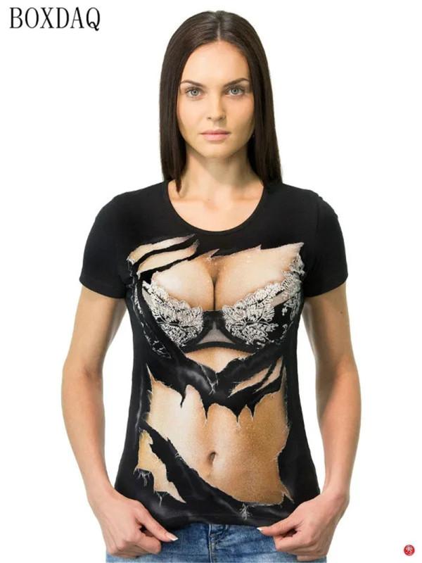 Женские летние крутые футболки, сексуальная перспектива, 3D-сиськи с принтом, женская футболка с короткими рукавами, летние уличные топы с круглым вырезом и узором груди