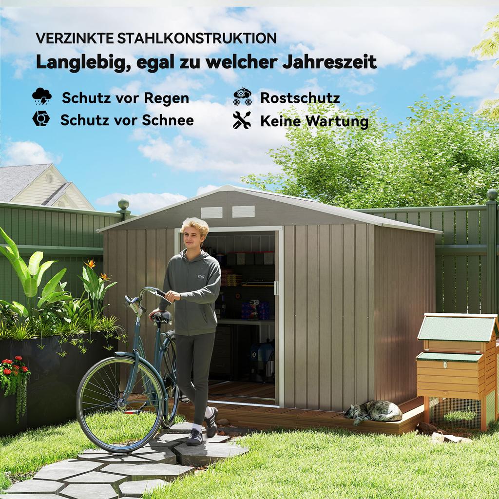 9 x 6ft Garden Metal Storage Shed, Outdoor Storage Tool House with Vents, Foundation and Lockable Double Doors, Brown
