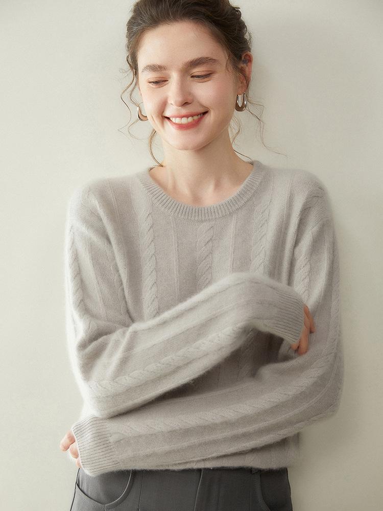 Women's Solid Color Cashmere Pullover: Round Neck, Seven-Stitch Cable Knit, Comfortable and Gentle Style, Warm Base Layer Sweater.