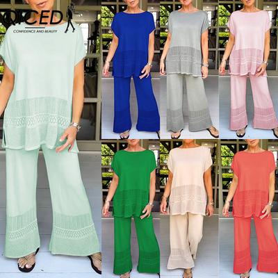 Женский повседневный и модный костюм из двух частей с топом с вырезом и свободными брюками на резинке и эластичной талии