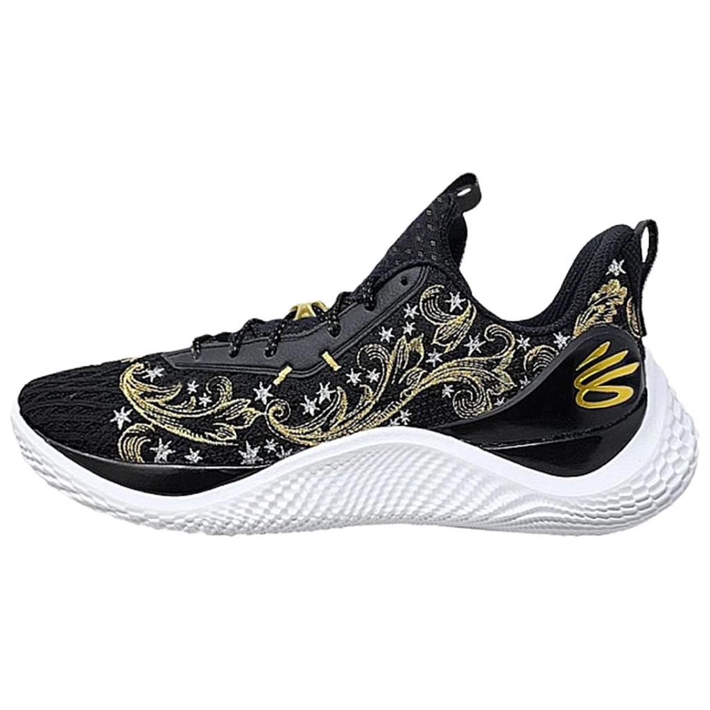 Under Armour Curry Flow 10 Удобные Прочные Нескользящие Износостойкие Низкие Баскетбольные Кроссовки Мужские кроссовки Черный Золотой Белый 3027473-001