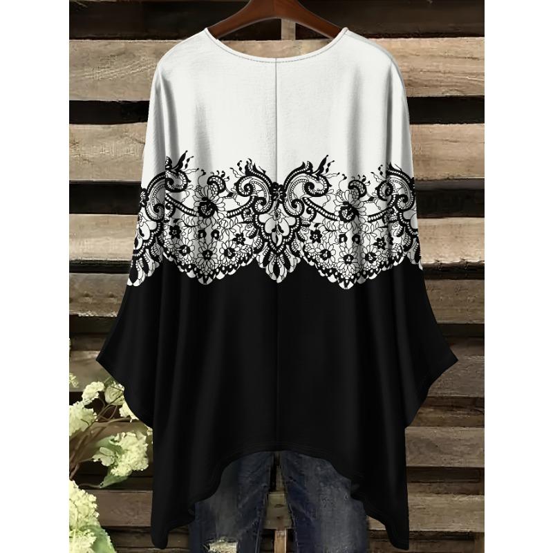 Elegant hollow floral print curly vine women's long sleeve t-shirt plain flower diffuse pattern print, (no accessories)