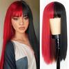 Synthetic Long Straight 2 Tone Half Black Half Red Wig With Bangs Extension Fiber Wig For Women Girds Daily Cosplay Party Wear