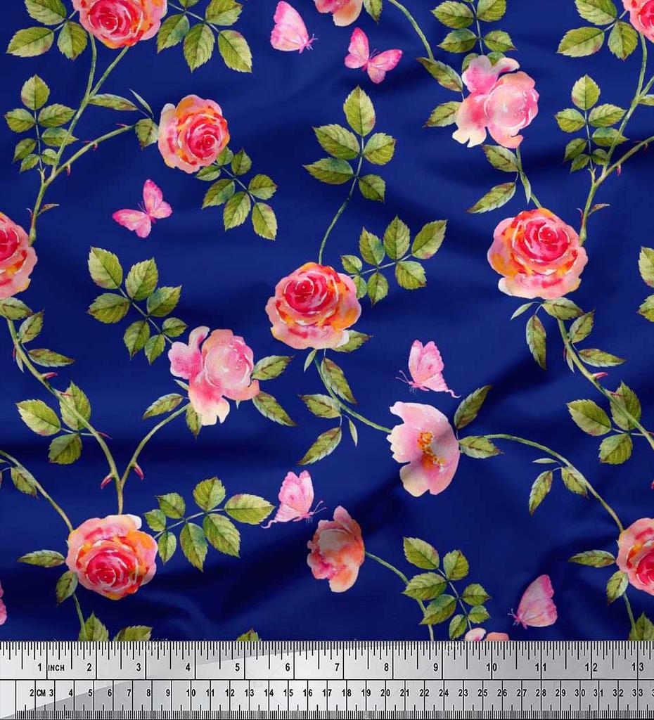 Soimoi Японская креп-сатиновая ткань с листьями, розами и пионами, ткань с цветочным принтом по метрам, 42 дюйма