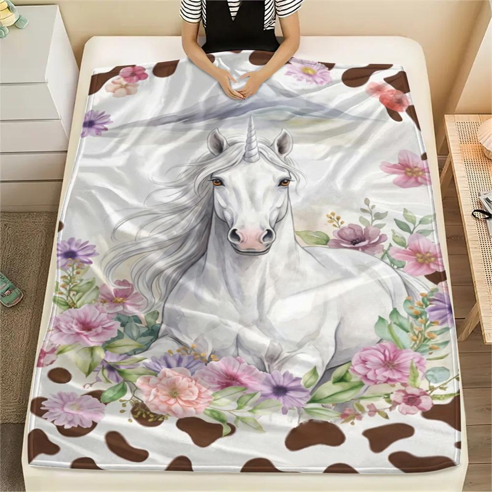 1PC Floral Cow Animals Print FlAannel Blanket, High quality Comfortable for All Seasons, Home Decor, Warmth and Comfort