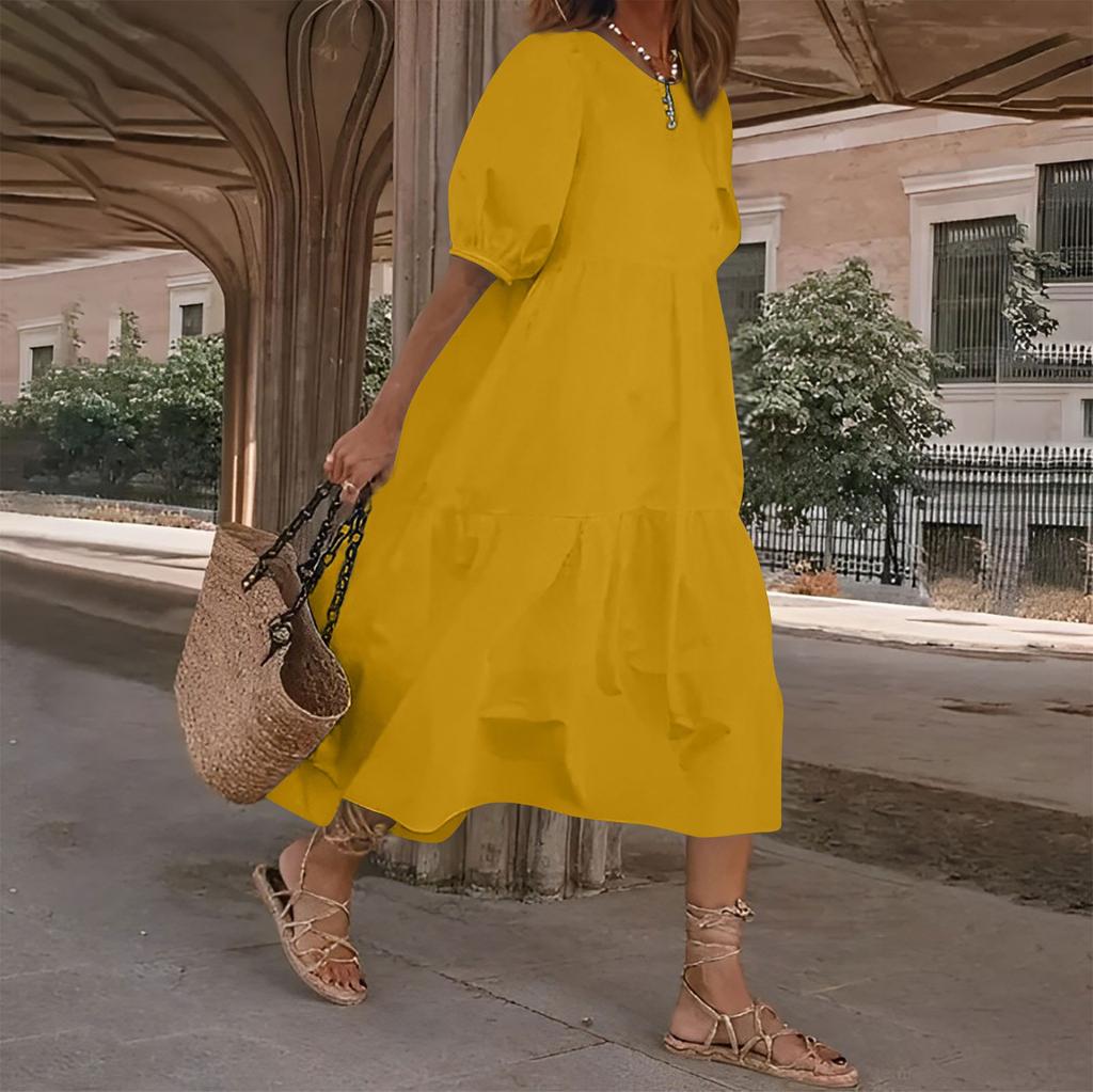 Модное женское свободное однотонное повседневное платье с пышными рукавами и короткими рукавами