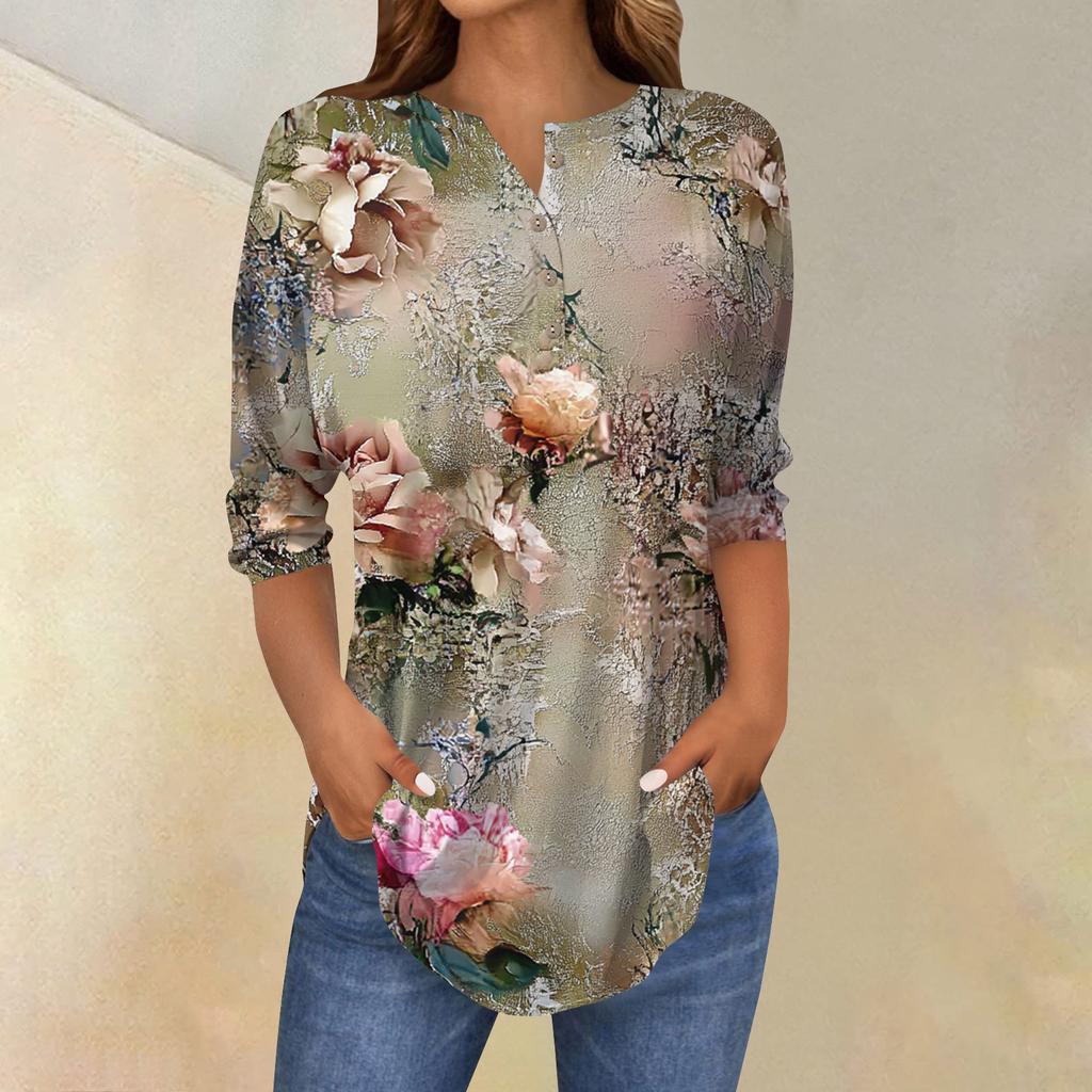 Женская свободная футболка с воротником на пуговицах и винтажным цветочным принтом, рукав три четверти