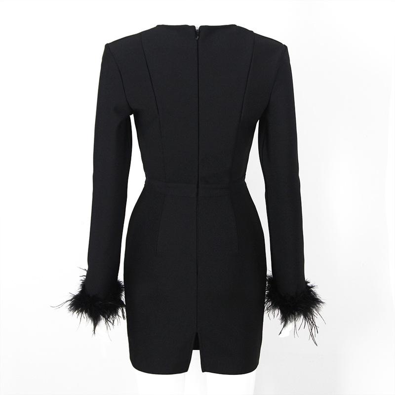 Новое вечернее платье с длинным рукавом и перьями в европейском и американском стиле с бандажной отделкой