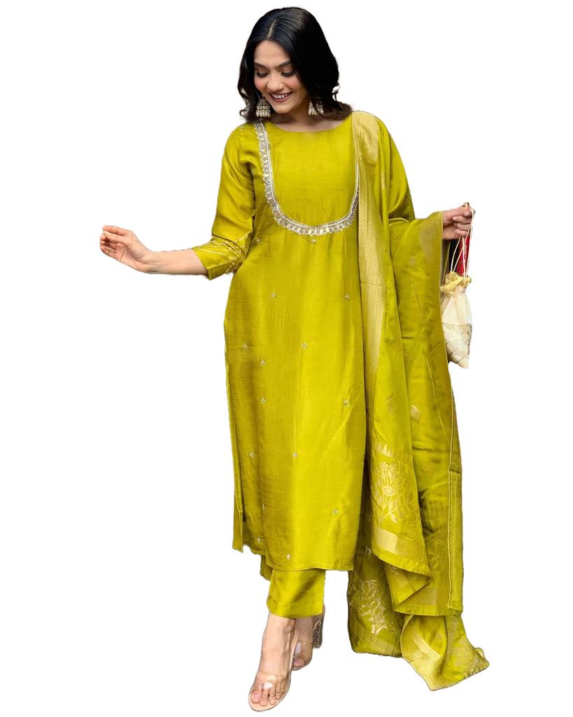 ANNI DESIGNER Women's Silk Blend Straight Embroidered Kurta with Pant & Dupatta (Deluxe GREEN-VKS01_L_Green_Large)