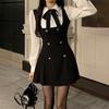 Soft Girl Kawaii Mini Dress Fake Two-piece Dress Women Preppy Style Bow Buttons Long Sleeve A-line Mini Dress