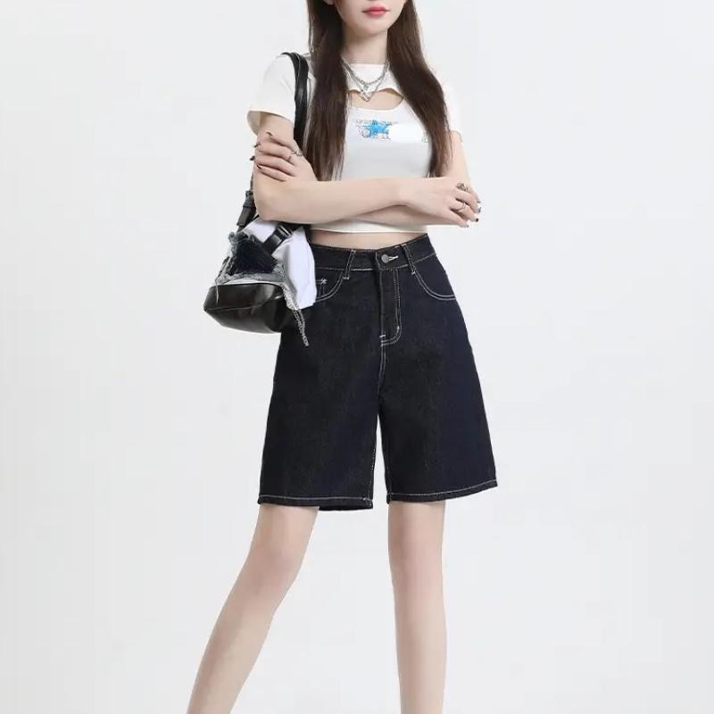 Модные прямые шорты в стиле ретро с высокой талией, женские летние тонкие элегантные джинсовые брюки больших размеров, свободные утягивающие широкие шорты с пятью точками