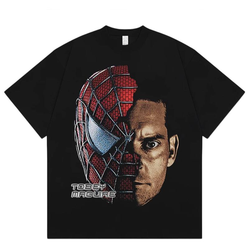 Хлопковая футболка оверсайз Человек-Паук Streetwear Ретро Харадзюку Повседневная Мода Классический топ с круглым вырезом и короткими рукавами для мужчин и женщин