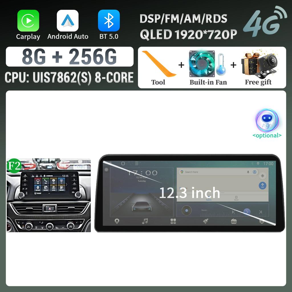 Android 14 12,3-дюймовый экран для Honda Accord 10 2018 2019 2020 2022 Автомагнитола Мультимедиа Навигация 4G Беспроводной BT CarPlay Стерео