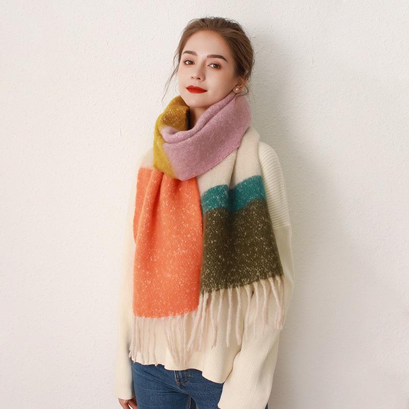 Dopamine Striped Plaid Imitation Cashmere Scarf Women's Winter with Warm Wool Scarf