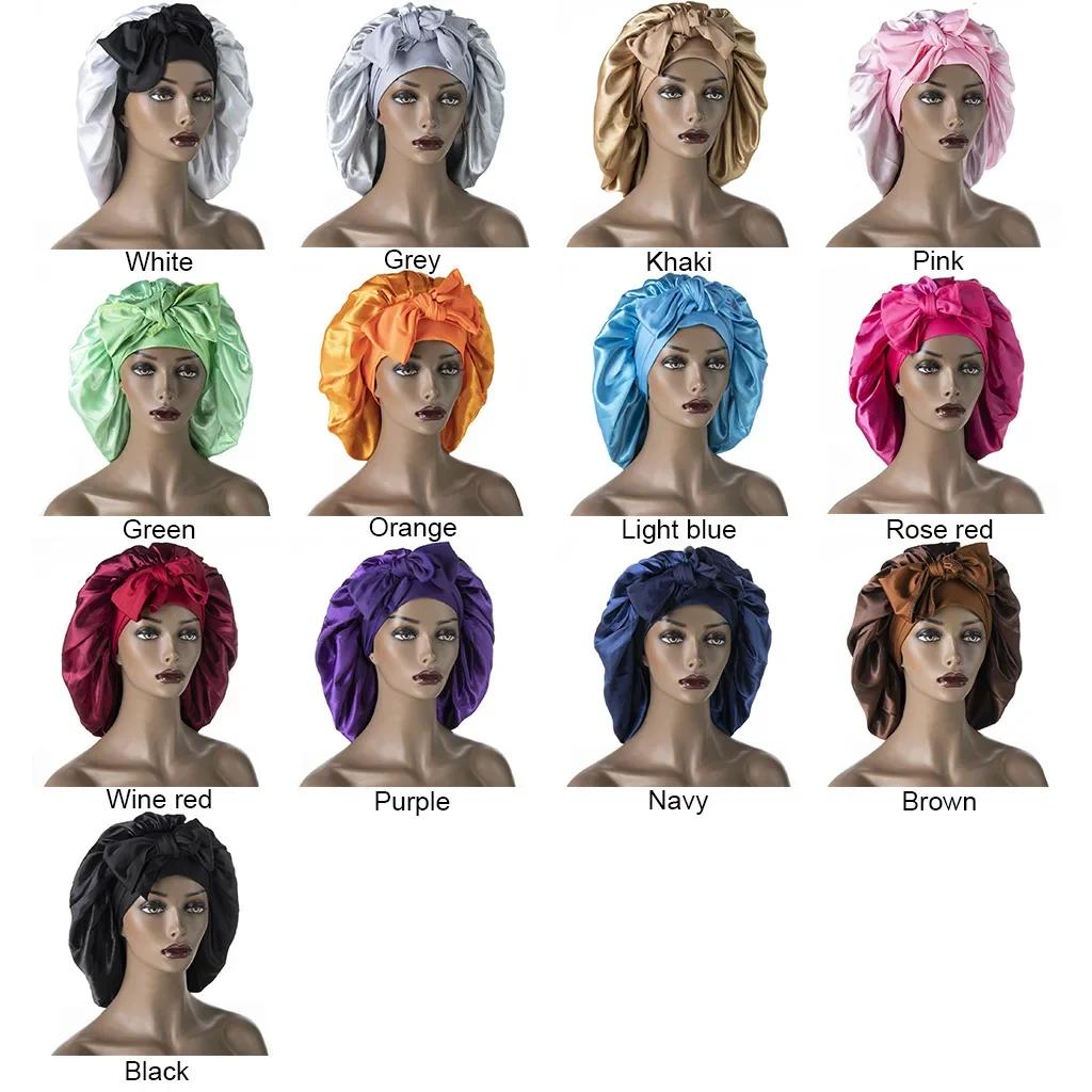 Женская атласная расширенная шапочка для сна с длинной лентой, ночная шапочка для ухода за волосами, эластичная шапочка для душа, тюрбан