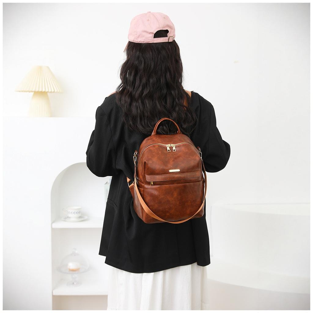 Retro Soft Leather Backpack Women's New Fashion Trend Backpack Student Simple Shoulder Travel Bag