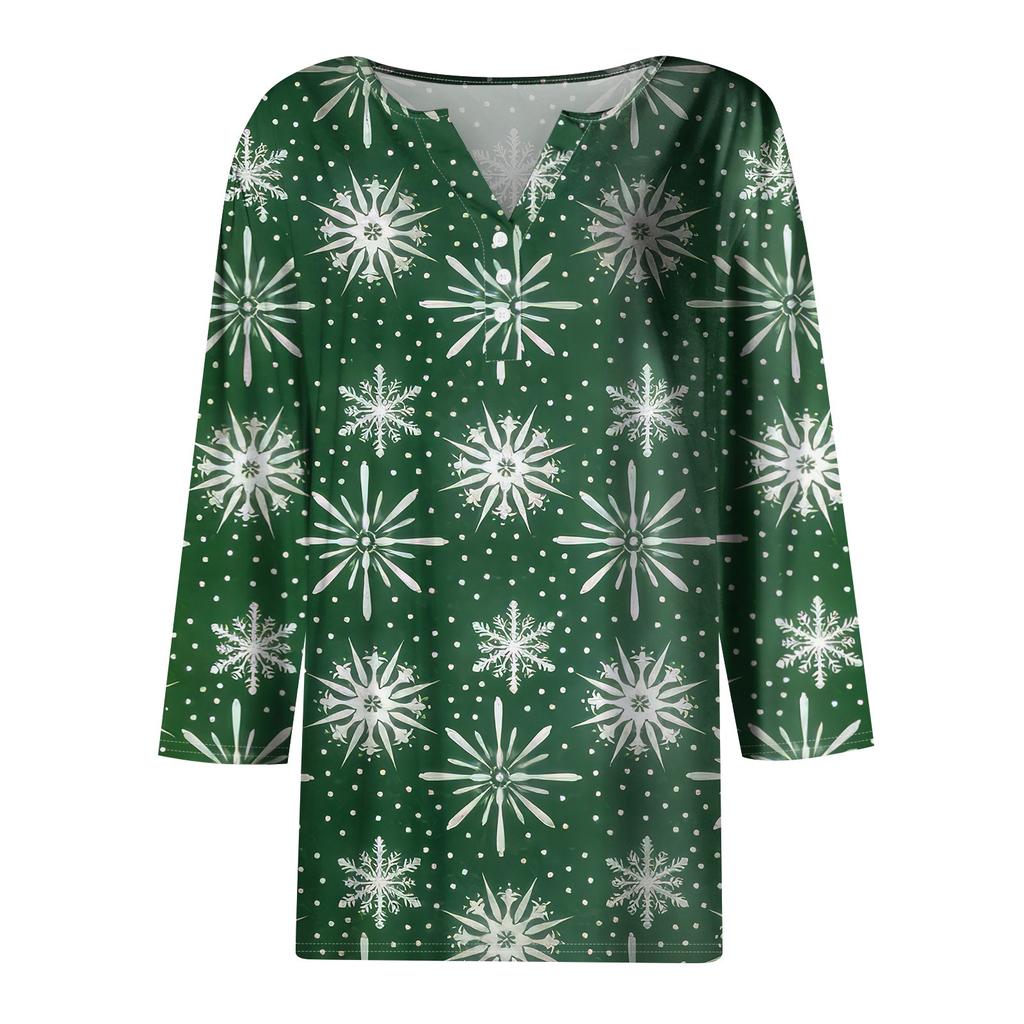 Жен. Футболка Футболка С принтом Пуговицы Рукав 3/4 Повседневные Выходные Мода Классический V-образный вырез Обычный Топ