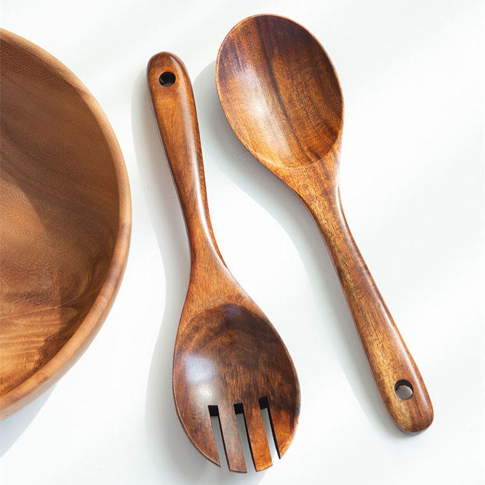Наборы для салата из акации с салатной ложкой и вилкой из дерева, деревянная вилка-совок, кухонные принадлежности, набор столовых приборов, кухонные принадлежности