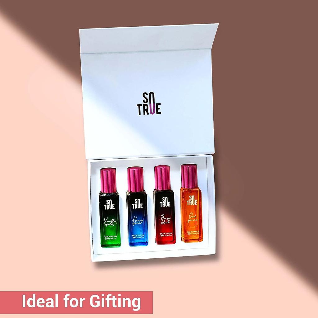 Подарочный набор духов для женщин, упаковка 4x20 мл | Роскошный стойкий парфюмерный спрей премиум-класса | Berry Blush, Honey Spice, Oud Femme и Vanilla Spark