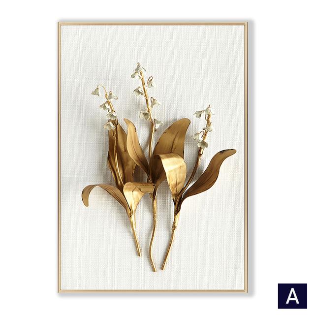 Скандинавский золотой абстрактный лист, цветок, настенное искусство, холст, современная живопись, плакат, печать, настенная картина для гостиной, домашний декор