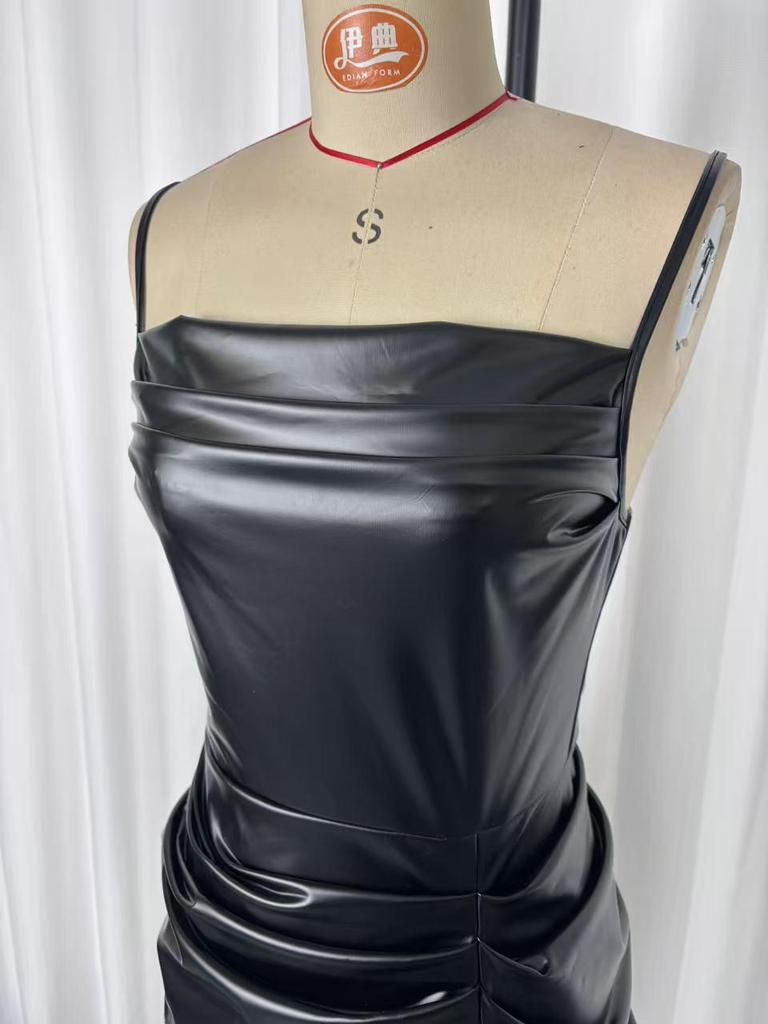 2025 Chic European & American PU Leather Spaghetti Strap Ruched Waist Slit Dress