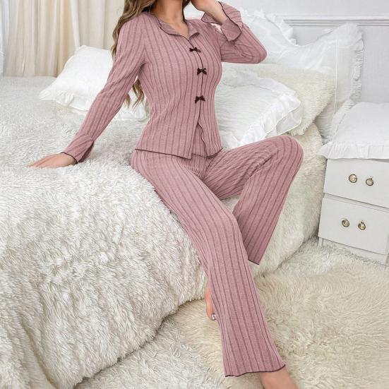 Женский пижамный комплект из 2 предметов: топ с длинным рукавом и бантом и длинные брюки. Комплект для сна, повседневная осенняя домашняя одежда.