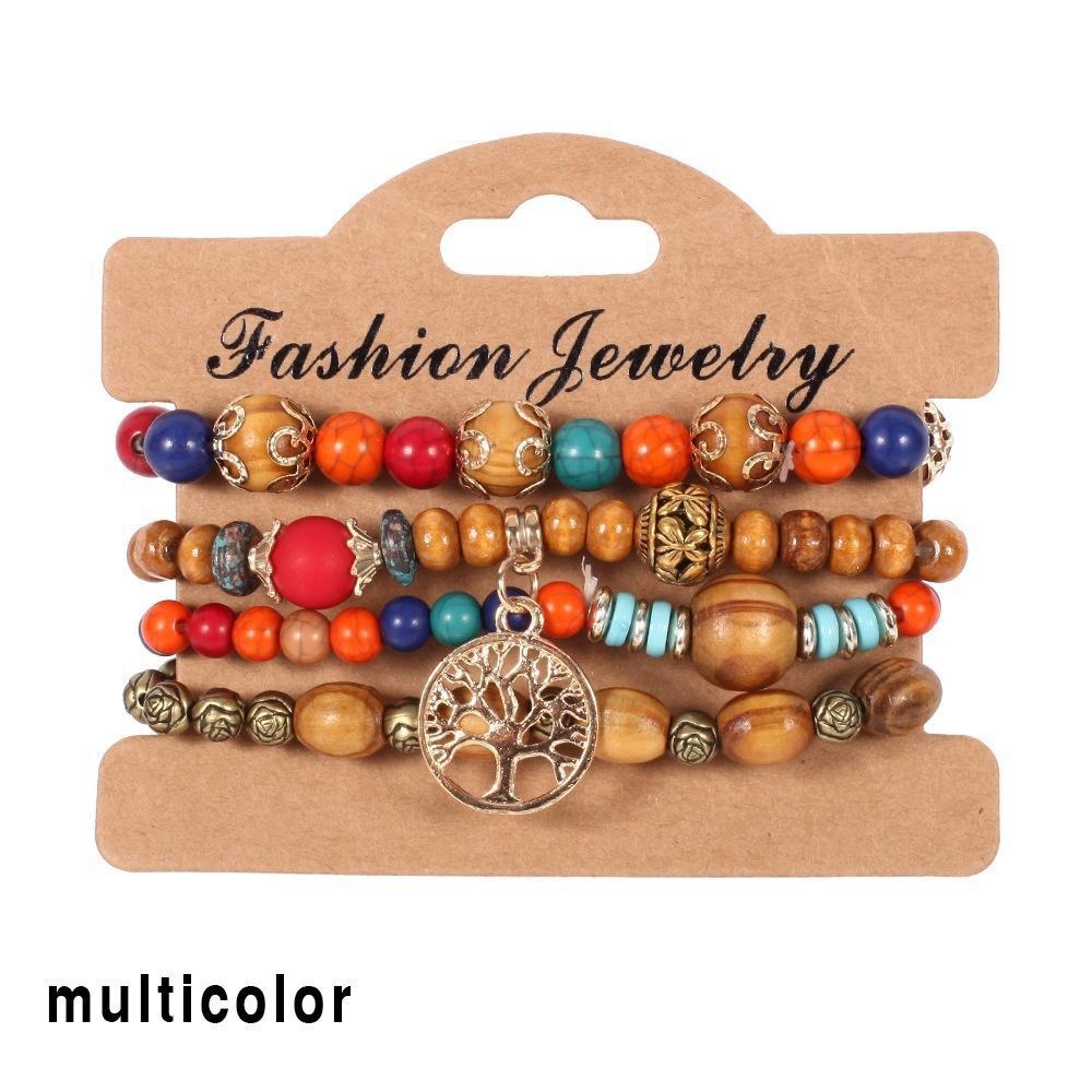 4Pcs/set Wooden Beads Bracelet Multicolor Women Boho Bangles With Hollow-out Pendant LM