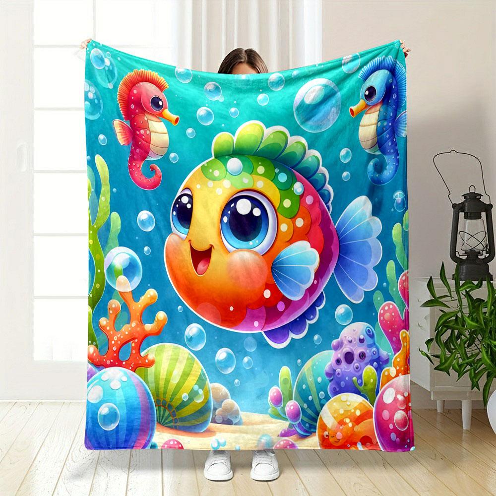 Colorful Fish and Seahorses Underwater Scene Patterned blanket, flannel, suitable for all seasons, home decor, warm and cozy