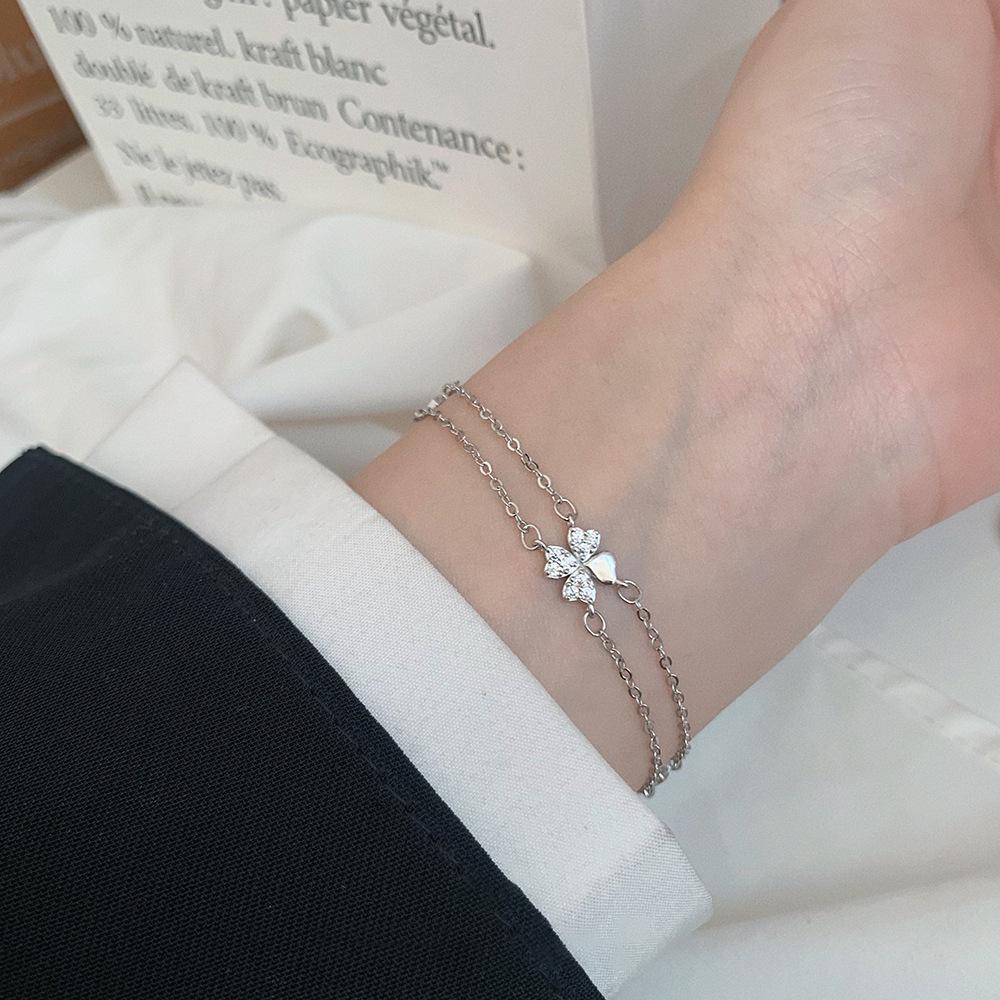 S925 Sterling Silver Double-Layer Four-Leaf Clover Bracelet - Luxurious Ins Style Women's Accessory