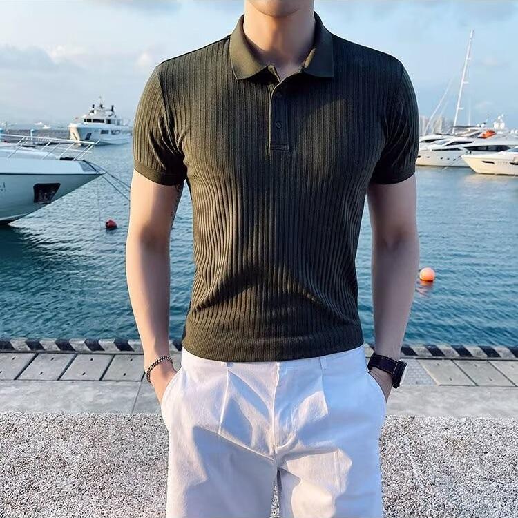 Мужское летнее поло с короткими рукавами из шелка Ice Silk в полоску 2024 года — дышащее и универсальное