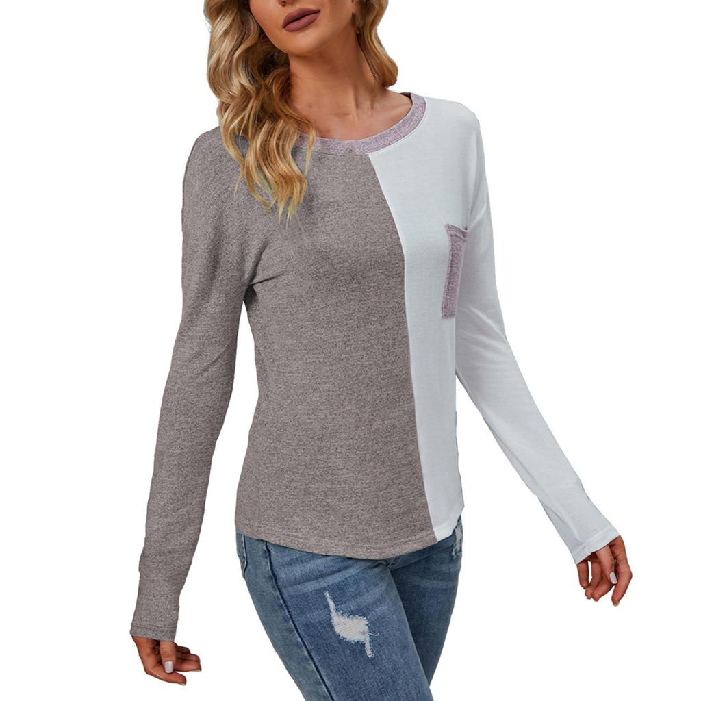 Женская повседневная футболка с длинным рукавом и круглым вырезом в стиле пэчворк, свободный женский топ