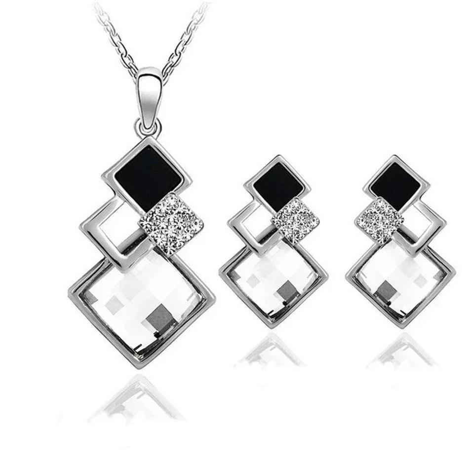 Square Diamond Inlaid Necklace Earrings Set Collarbone Chain Accessories Gifts Fashion Creative Decoration Korean Minimalist