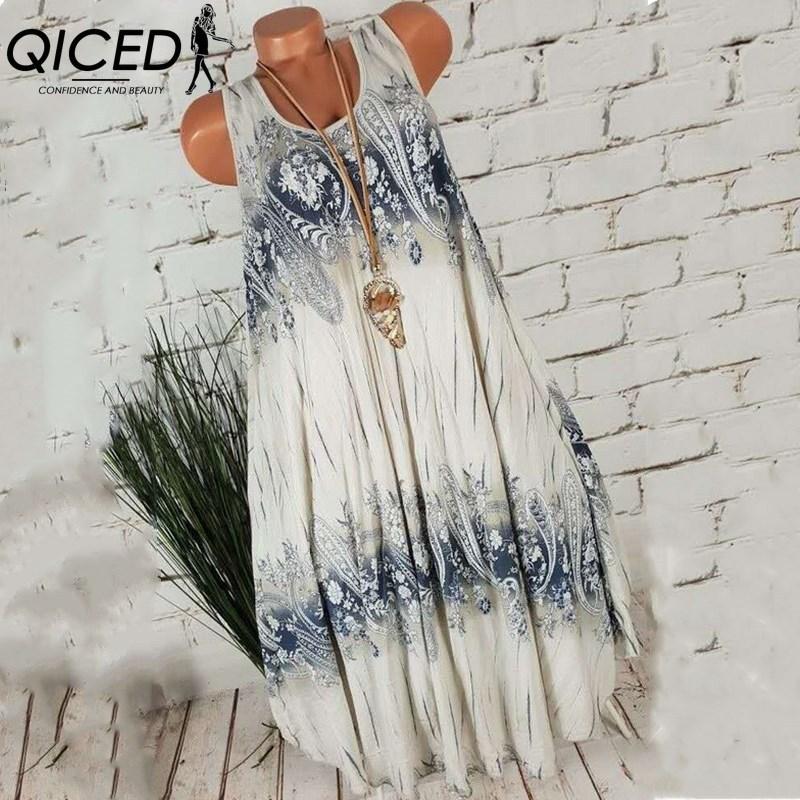 QICED Летнее платье без рукавов с цветочным принтом и круглым вырезом - Легкое и струящееся для повседневной носки и пляжа