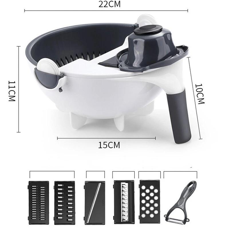 9 в 1 многофункциональная вращающаяся овощерезка Magic с корзиной для слива объемом 2 л, измельчитель овощей и фруктов, терка, ломтерезка, чеснокодавилка