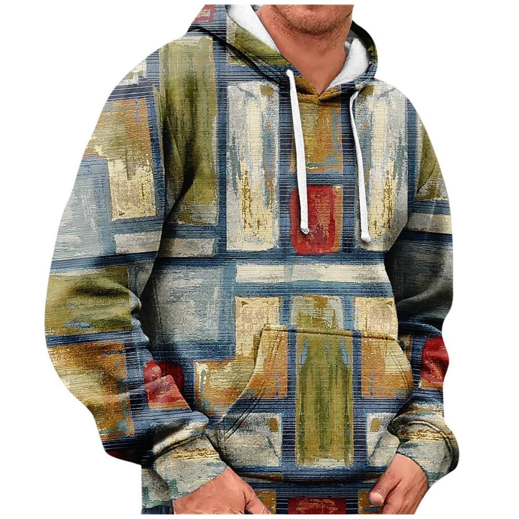 Men's Vintage Long Sleeve Hoodie Printed Hooded Sweatshirt Top