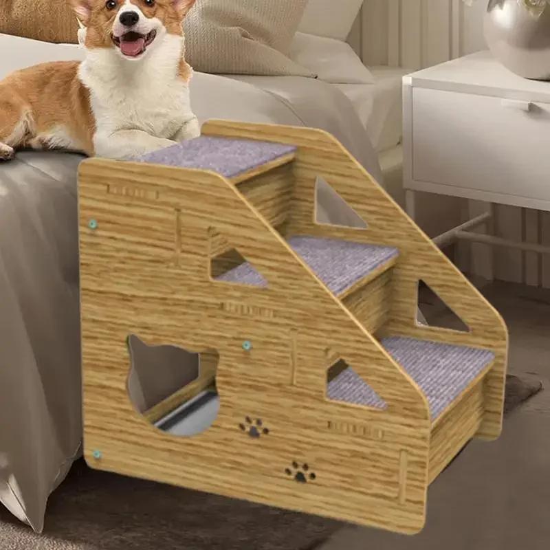 Лестницы и ступеньки для собак, 3-уровневые деревянные лестницы и пандус для средних и маленьких собак, старых кошек, лестница для собак и кошек из дерева с противоскользящим покрытием для кроватей и автомобилей