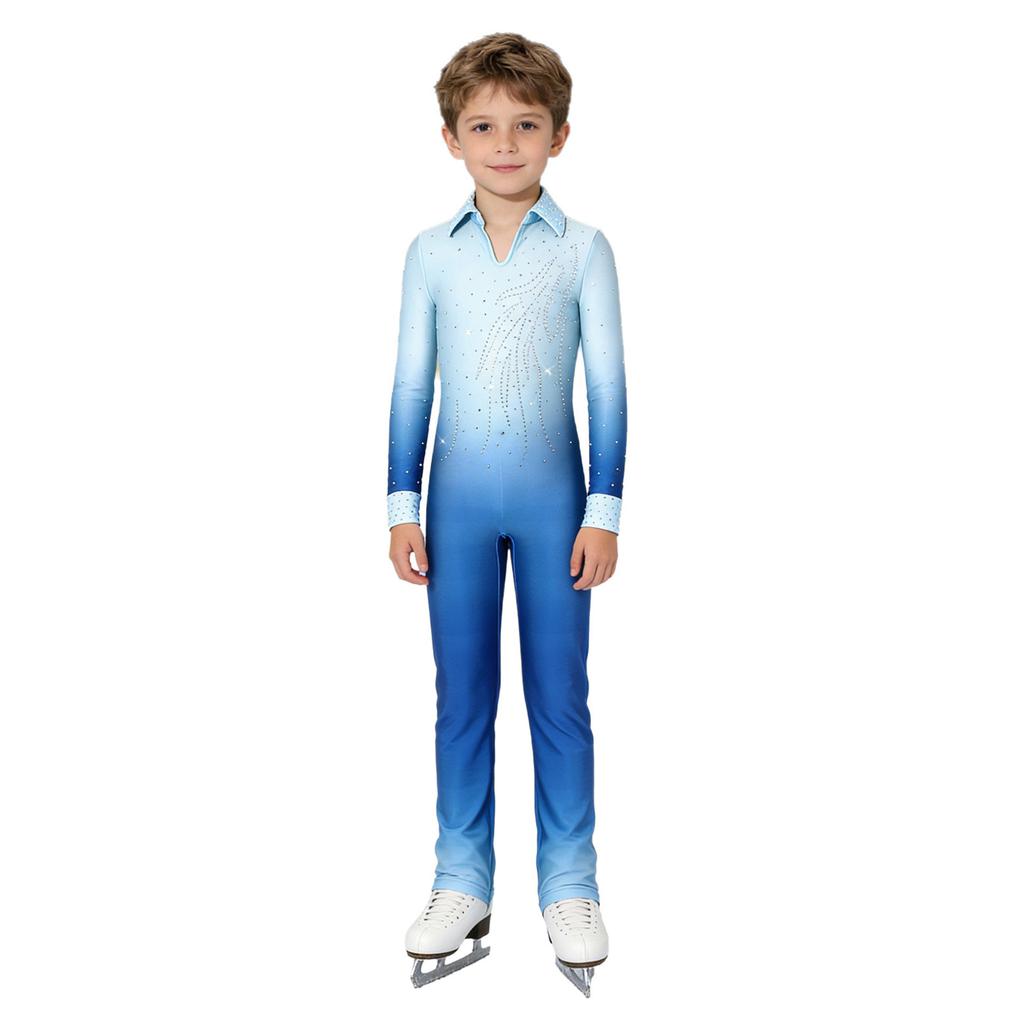 Boys Sparkly Rhinestones Full Body Jumpsuit Long Sleeve Long Pants Color Gradient Figure Skating Dance Bodysuit