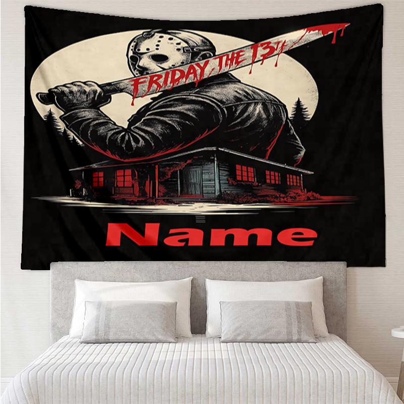 Custom Name Friday the 13th Print Tapestry, Backdrop, Easy Setup, Ideal for Bedroom, Office & Living Room, with Aesthetic Wall Hanging Decor.