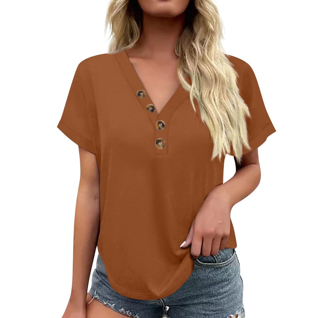 Women's Fashionable Casual Short Sleeved Solid Color V-neck Button Top
