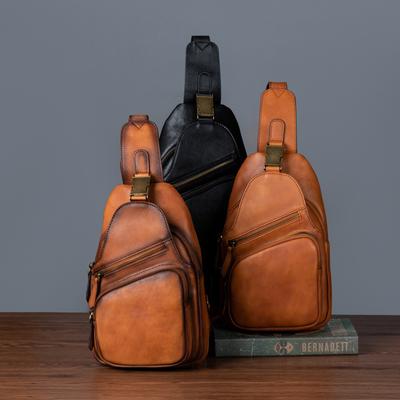 Сумка-слинг мужская, винтажная, из высококачественной растительного дубления коровьей кожи, верхний слой