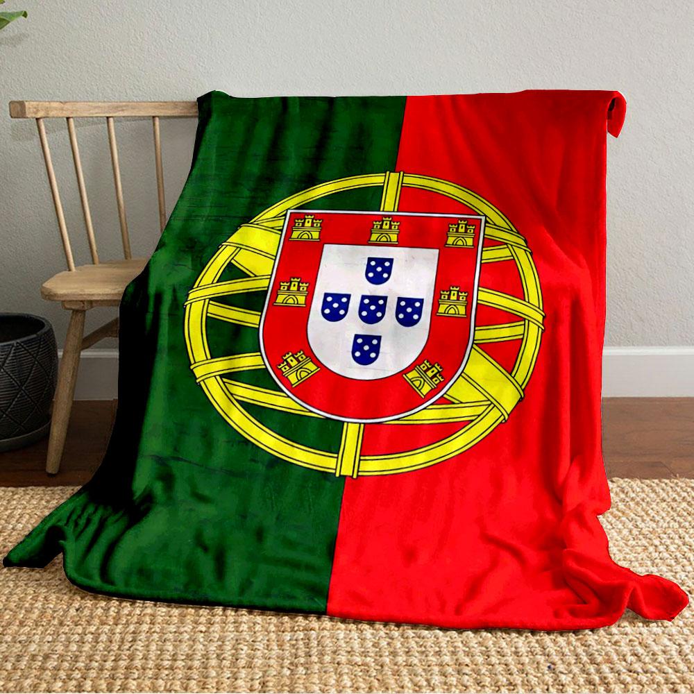 A red and green background with a yellow armillary sphere and a shield. for all seasons blanket lunch break throw gift