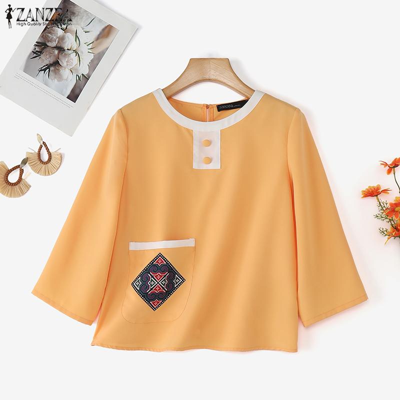 ZANZEA Женская повседневная летняя блузка с круглым вырезом и рукавом 3/4 свободного кроя